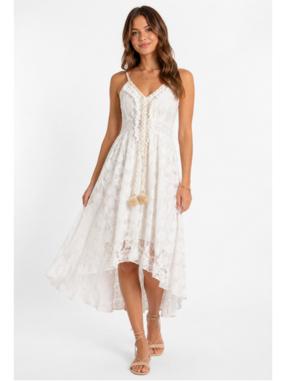 NWT White Lace High-Low Boho Sundress with Tassel Tie | Size M